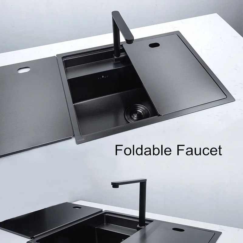 Invisible sink  single tank with cover under counter handmade nano black hidden kitchen island   faucet 4