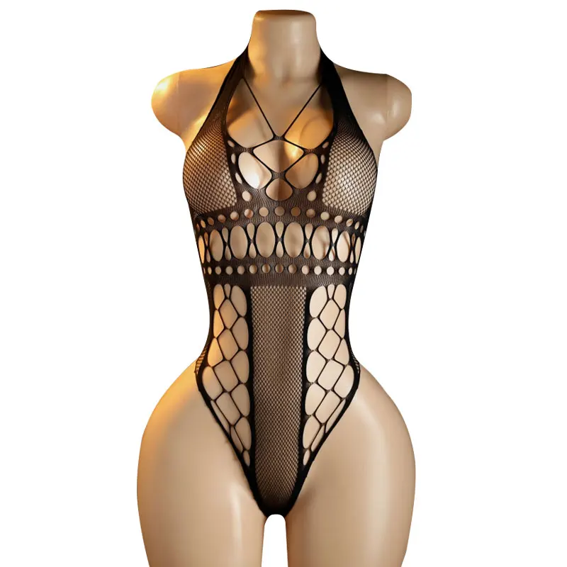 Sexy Crotchless Bodysuits For Women Erotic Outfits Mesh Sheer Teddy Jumpsuits High Waist Elastic Long Sleeve Rompers