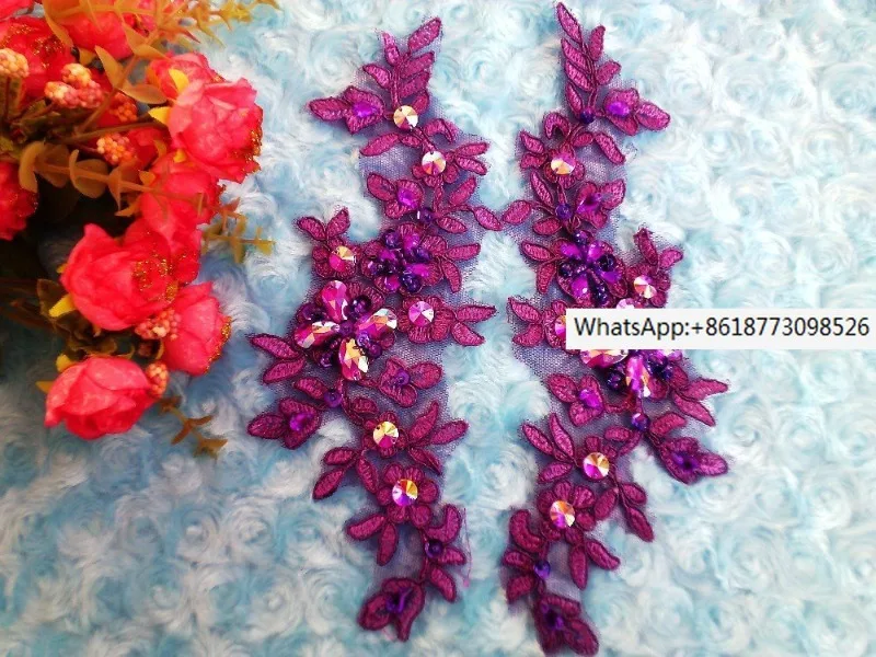 

New Handmade Beaded Sequins Water Diamond Decal Purple Lace Decal Clothing Accessories 23x10cm