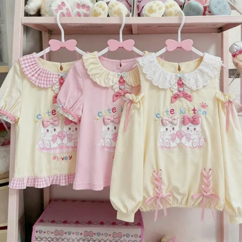 Japanese Kawaii T-shits Women Casual Y2k Crop Top Sweet Lolita Tees Design for Girls Clothing Short Sleeve T Shirts Outwear Chic 1