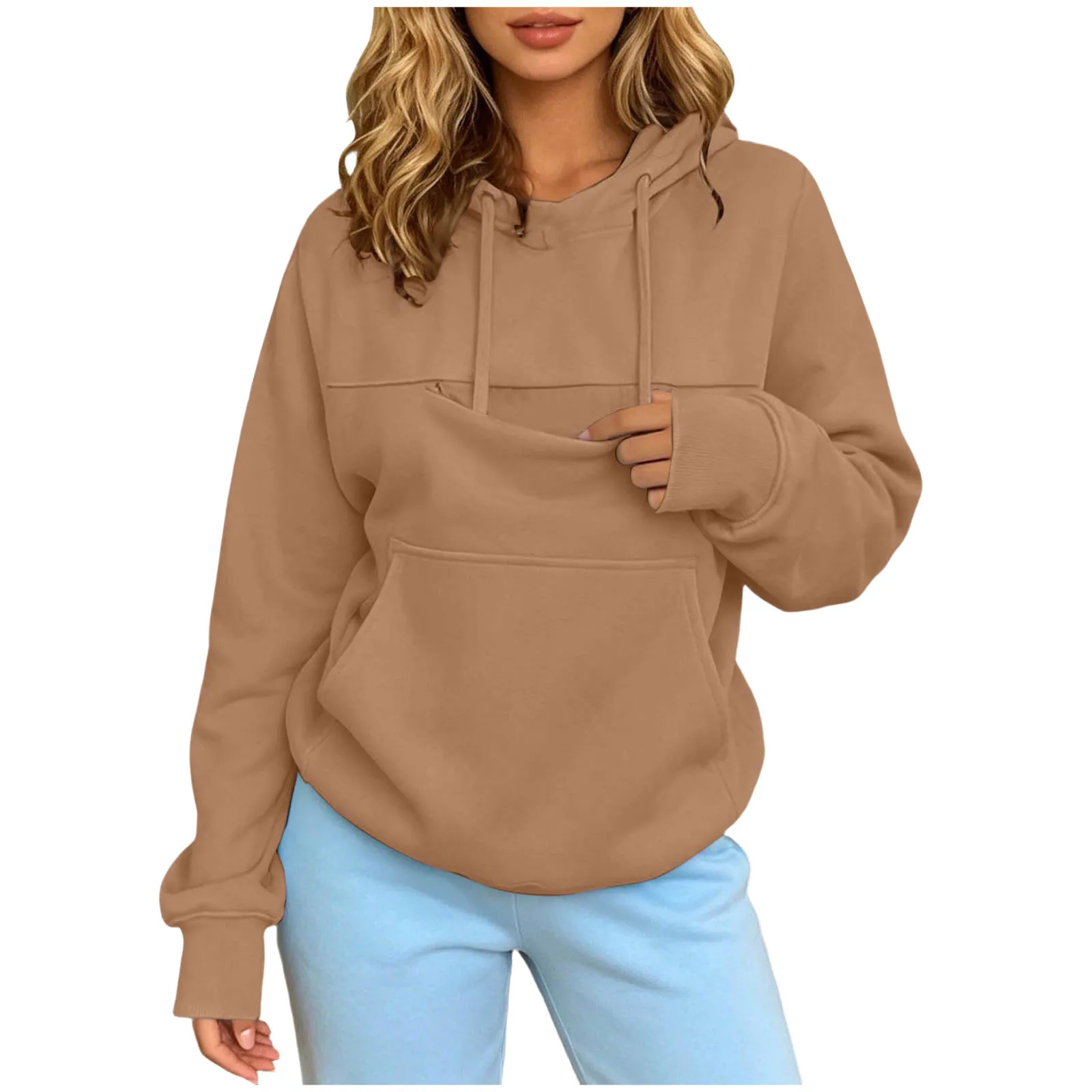 Women Pet Carrier Hoodie With Pet Pocket Drawstring Long Sleeve Cat Dog Holding Pullover Solid Loose Casual Pet Lover Sweatshirt