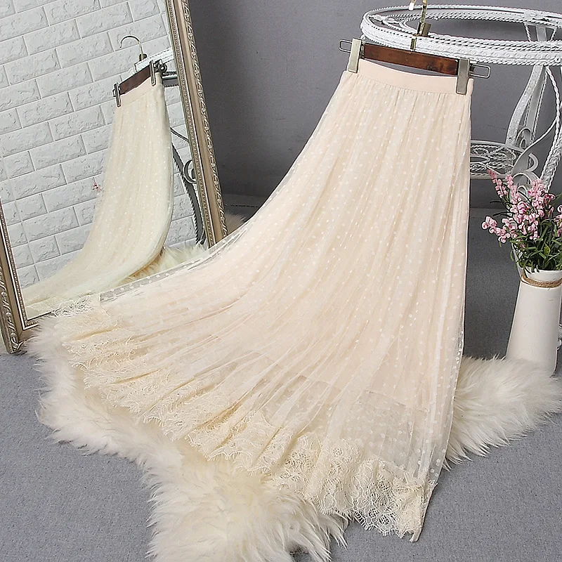 

Spring Summer Elegant Lace Patchwork Mesh Midi Skirts Women Elastic waist Polka Dot print Pleated Skirt A Line Long Tulle Skirt