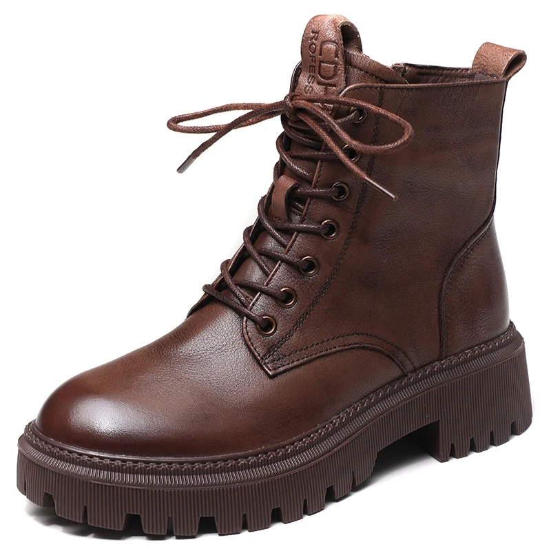 

British Style Handmade Retro Winter Women Platform Heel Boots Luxury Full Cow Leather Mid Calf Thick Heel Warm Boots