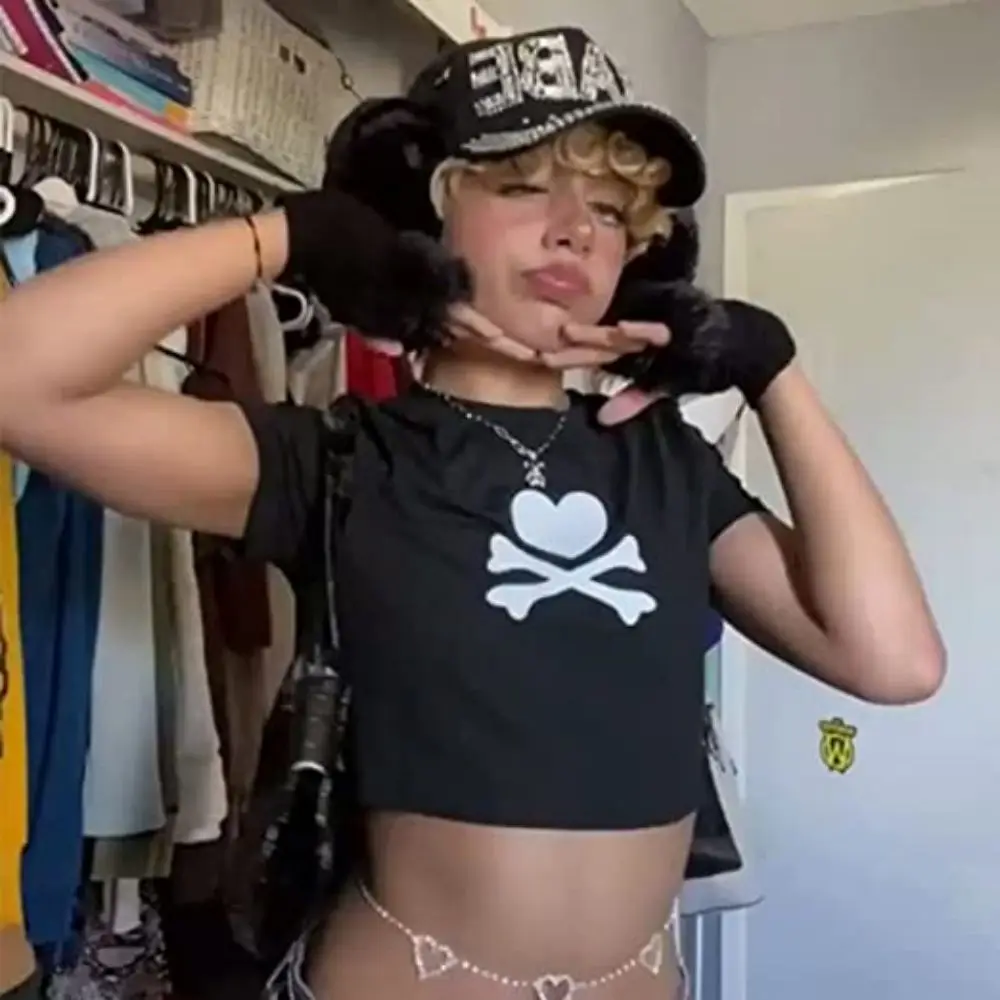 Printcess Damen Sommer Cool Bequem Casual Kurzarm T-Shirts Y2K Grafikmuster Druck Vintage Mädchen Crop Top761_voghion.com