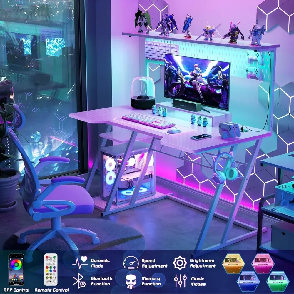 New2025-Gaming Computer Desk with Power Outlets, Gaming Desk with Hutch and LED Lights, Reversible PC Gaming Desk with Pegboard,