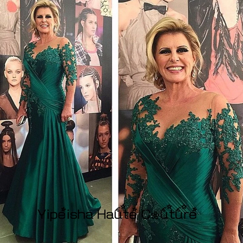 

Yipeisha Mermaid Illusion Round Neck Wedding Party Gowns with Nude Long Sleeve Lace Beaded Mother Of Bride Dresses 2022 New