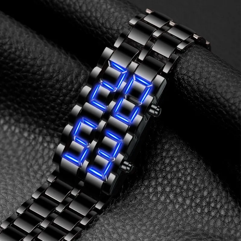 

Fashion Black Full Metal Digital Lava Wrist Watch Men Blue LED Display Mens Watches Gifts for Male Boy Sport Creative Clock