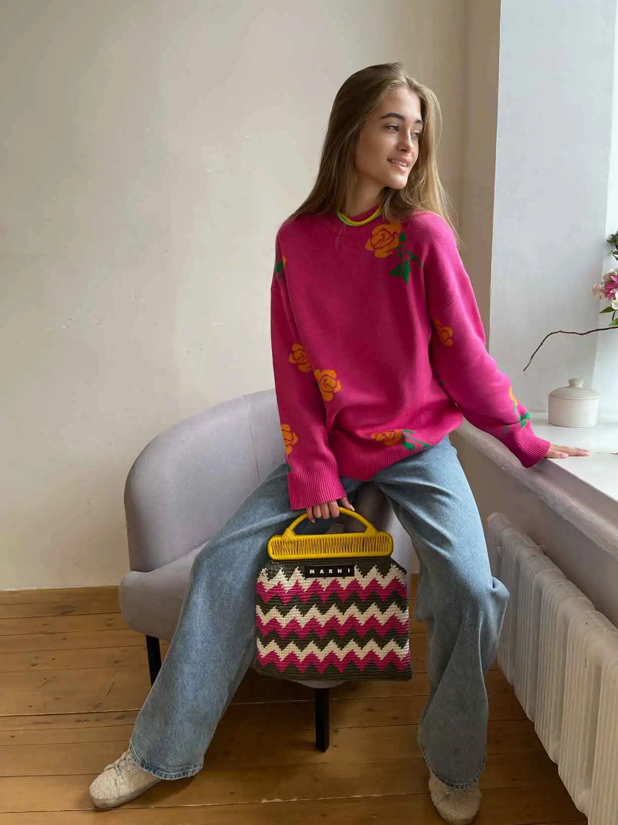 Autumn Knit Sweater Pullover Women's Printed Long Sleeve High Waist Ribbed Fashion Loose Knitwear Top Female Sweater