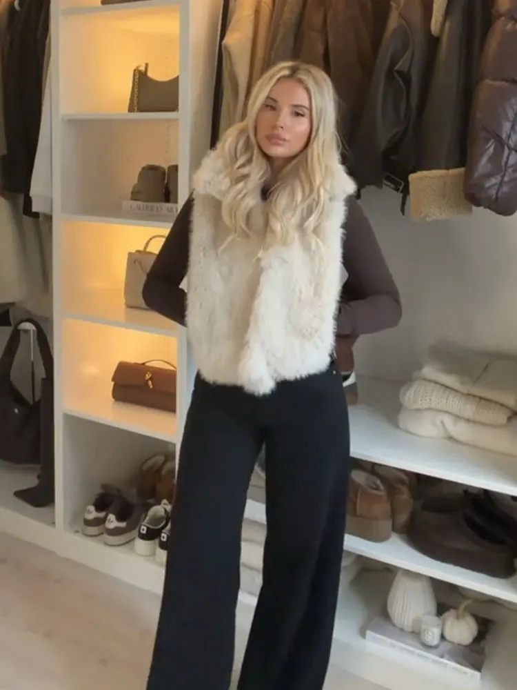 HH Women Fashion Faux Fur Waistcoats Sleeveless Turtleneck Short Vest Coat Woman Vintage Solid Casual Office Lady Outwear