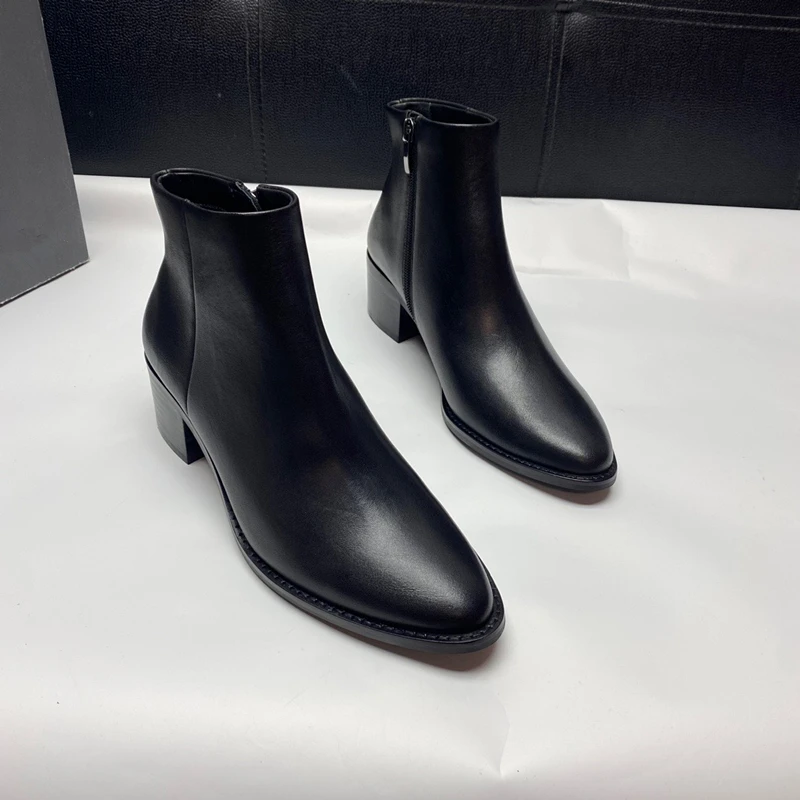 Withered Fashion Elegant Office Ladies Genuine Leather High-Heeled Chelsea Boots Retro Pointed Toe Cowhide Ankle Boots Women