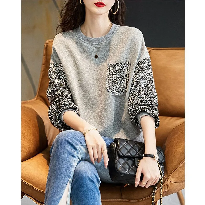 Round Neck Casual Hoodie Women's Spring Autumn 2024 New Fashionable Loose Jacket Patchwork Long Overcoat Sleeved Pullover Tops