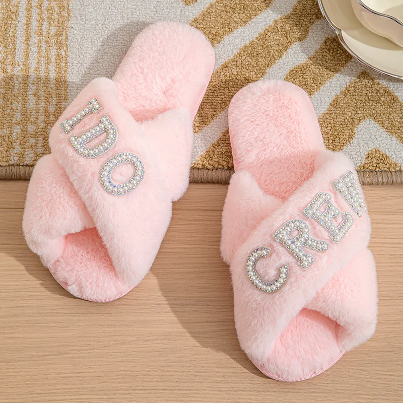 Bride Pearls Fluffy Slippers Honeymoon Shower Shoes Wedding Photo Props Wedding Supplies Creative Bridesmaid Romantic Gifts — view 4