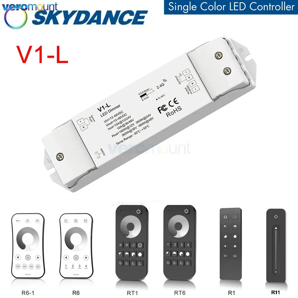 Skydance V1-L Led Dimmer 12V 24V 1Ch 15A Pwm 0-100% Dimmer Continuo Rf 2.4G Wireless Remote Led Strip Light Push Dimmer