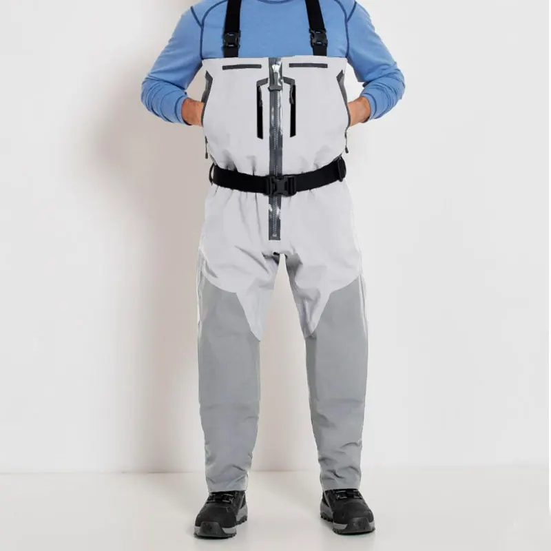 No Boots Zippered Chest Waders 4-Layers for Men with Latex Ankle Gaskets Waterproof Suit for Hunting Fishing Convertible Waders