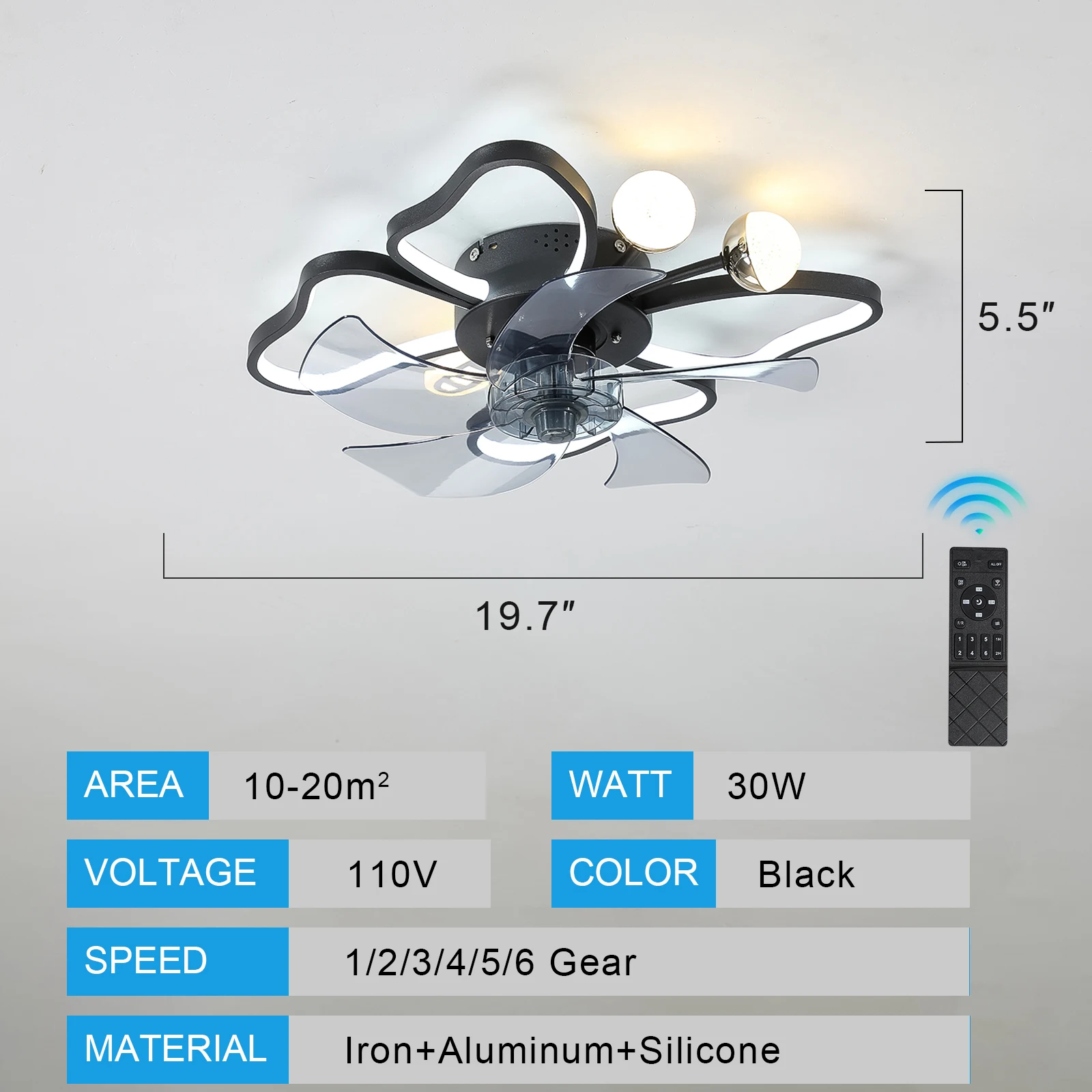 Butterflies LED lights Modern Ceiling Fan ,Transparent Blades, 6-Speed Remote Control,Stylish Low-Profile Design