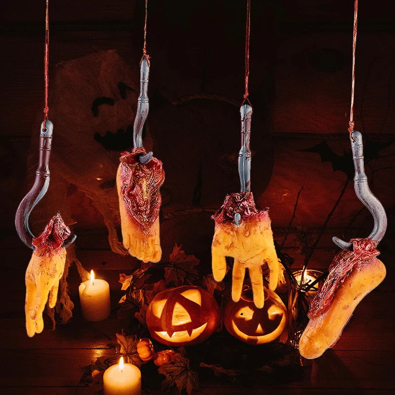 1set Halloween Bloody Foot Hands Fake Scary Severed Broken Body Parts With Hook For Halloween Party Hanging Decoration Props