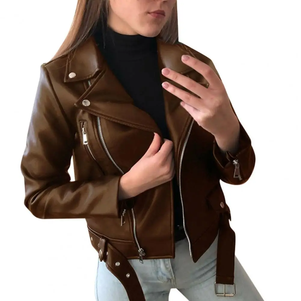 Winter Women's Zipper Artificial Leather Jacket Lapel Long Sleeve Short Coat PU Motorcycle Suit Trim Jacket black down jacket Coats & Jackets