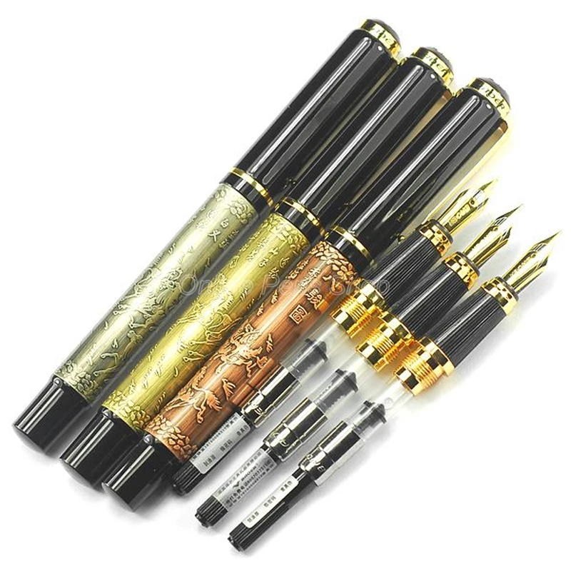 3 X Baoer 507 Metal Ancient Eight Running Horses Fountain Pens Broad Nib 0.7mm Professional Office Stationery Writing Tool baoer 507 metal ancient gray eight running horses fountain pen broad nib 0 7mm office school writing gift pen accessory