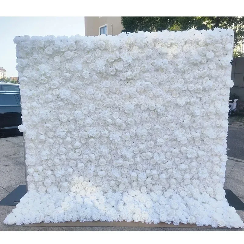 

Customized 3D Stage Artificial Silk Rose cheap roll up white flower wall backdrop 8ft x 8ft For wedding party Decor