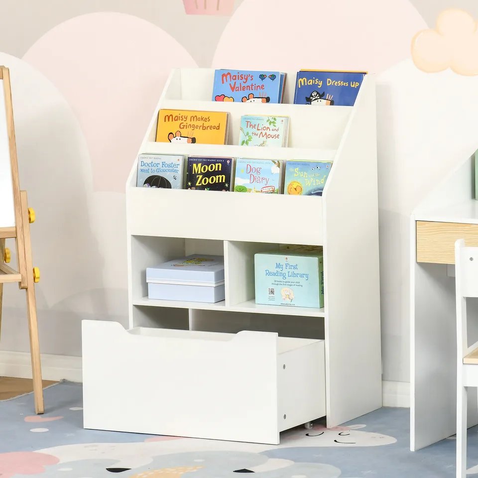 Kids White Storage Bookcase with Display Shelves