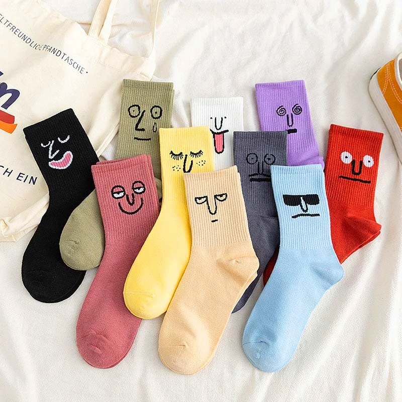 

Funny Korea Style Harajuku Women Candy Color Smile Face Casual Happy Sock Girl Gift Kawaii Surprise Middle Tube Short Crew Socks