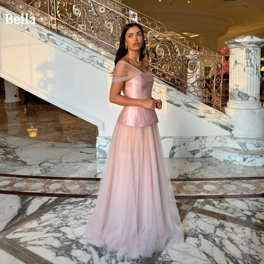 Bella Customized Pink Sequins Mesh Fabric Satin robes de soirée Strapless  Evening Dresses Sleeveless A-line Wedding Dress 2024