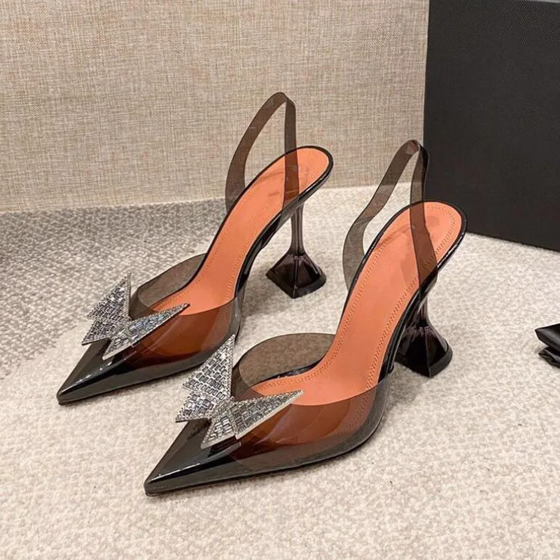 

Women's Sandals PVC Transparent High Heels Ladies Shoes Rhiestone Pionted Toe Slip-on Elegant Summer Female Pumps Big Size 34~43