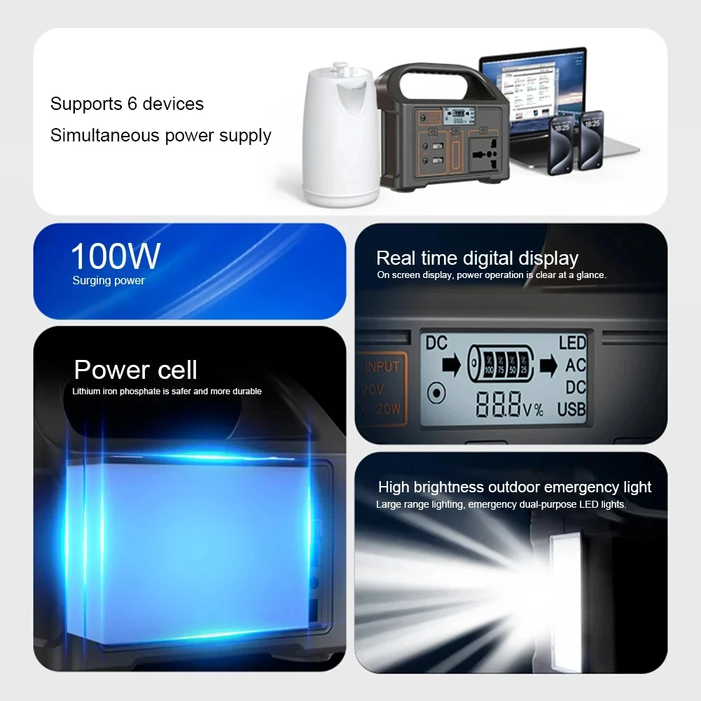 100W Portable Solar Power Station LED Display Battery Power Outdoor Camping Bank Outdoor Supply for Travel Adventure portable power station