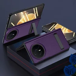 Luxury Magnetic Bracket Genuine Leather Case with Glass Film and Hinge Protection for Case add Clear Film (PURPLE)