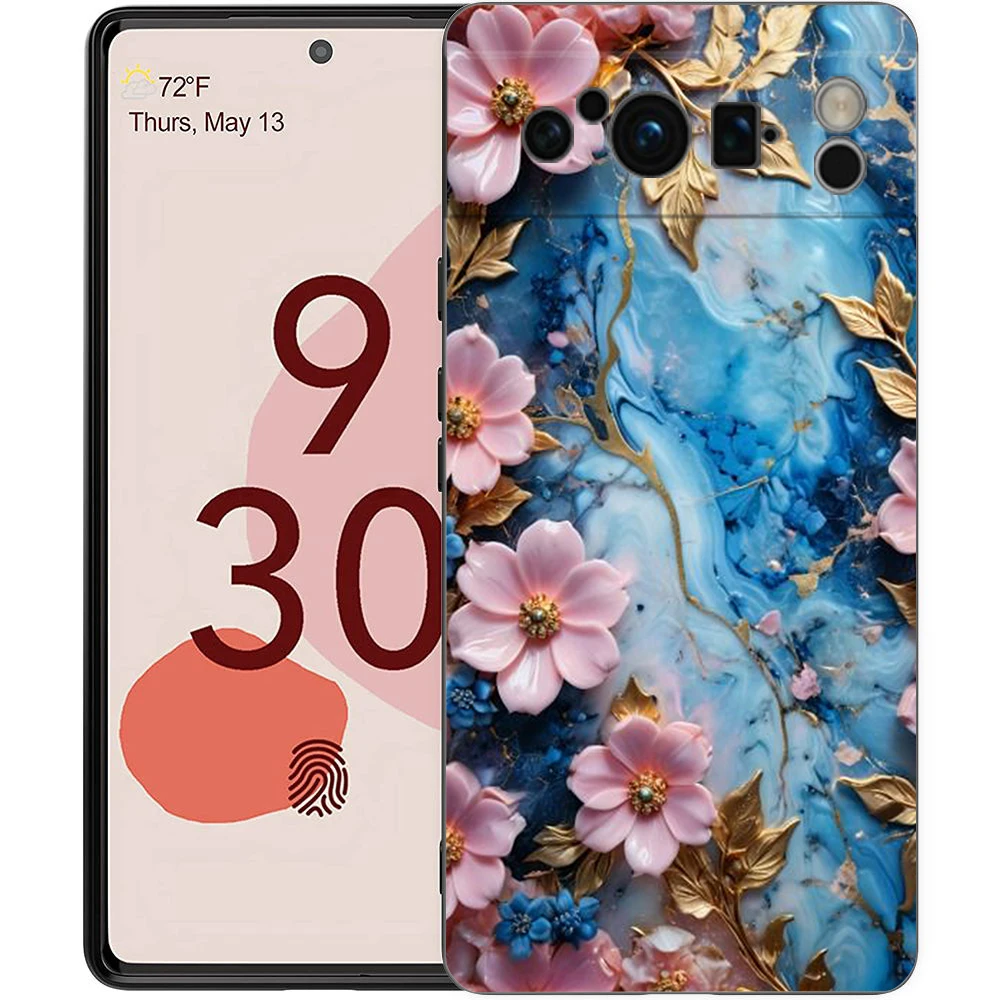 Elegant Flower Marble Design Shockproof Phone Case - Soft TPU Black Cover
