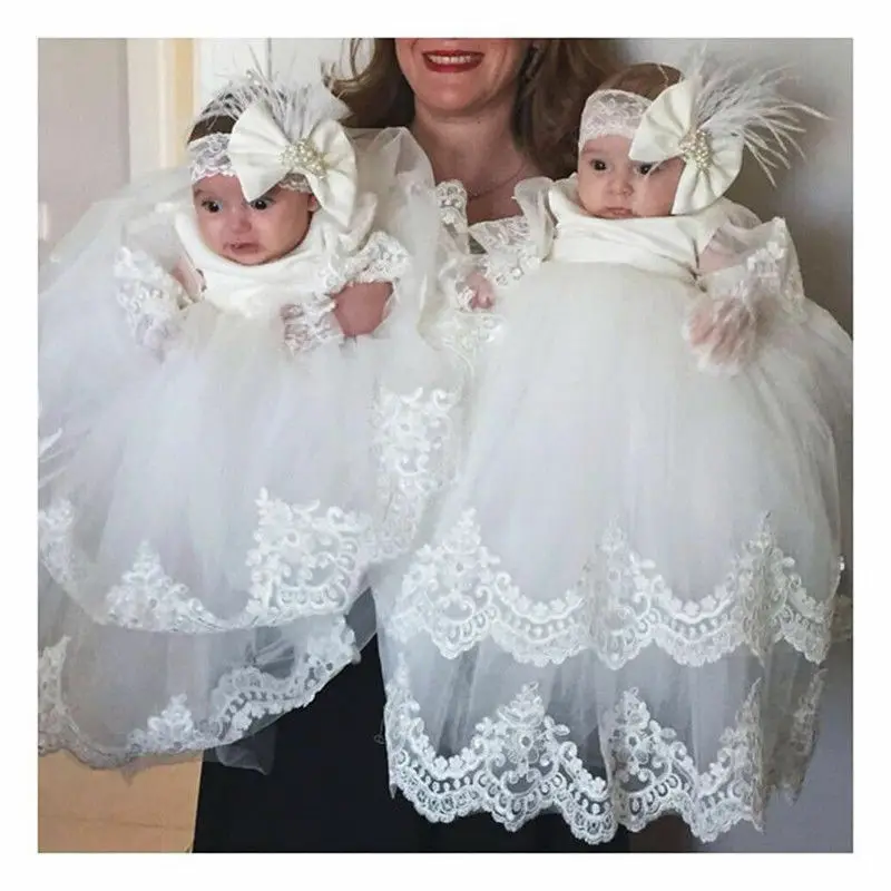 

Lace Baptism Dresses For Baby Girls 2 Piece Full Sleeves Newborns Christening Birthday Party Wedding Gowns Infant Clothing Bebe