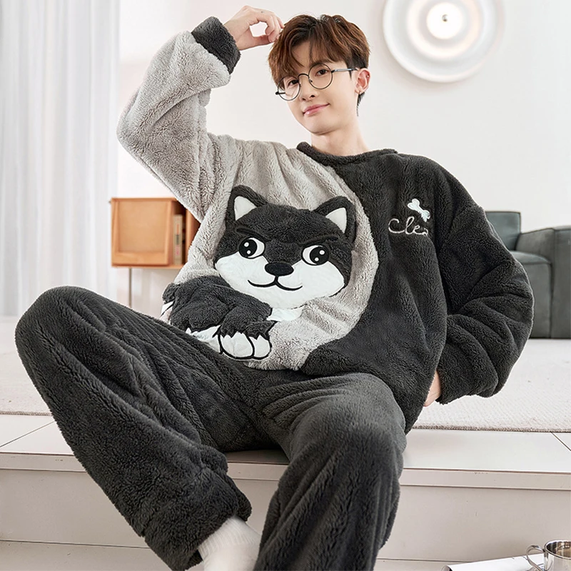 Men's Pajamas Winter Fleeces Thickening for warmth Cartoon Sleepwear Adult Cartoon Cat Kawaii Flannel Pullover