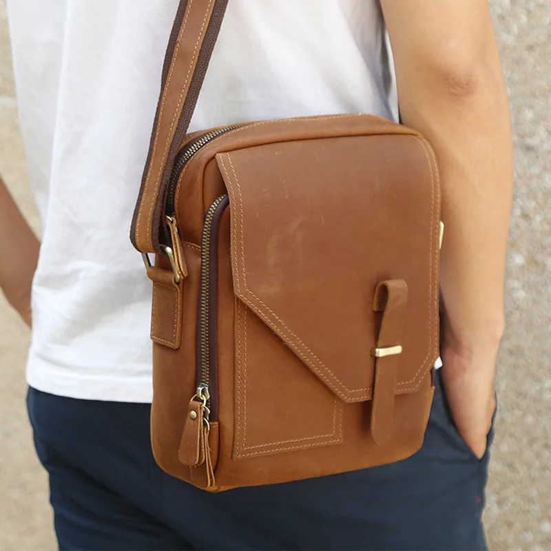 Crazy Horse Skin Retro Men's Postman Bag Men's Bag Cowhide Vertical Shoulder Bags Genuine Leather High Quality Crossbody Bag