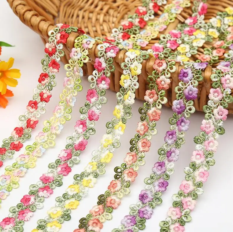 2 Yards Pink Green Lace Trim Craft Flower Polyester Lace Fabric Venise Floral Embroidered Applique Decorated Lace Ribbon 2CM