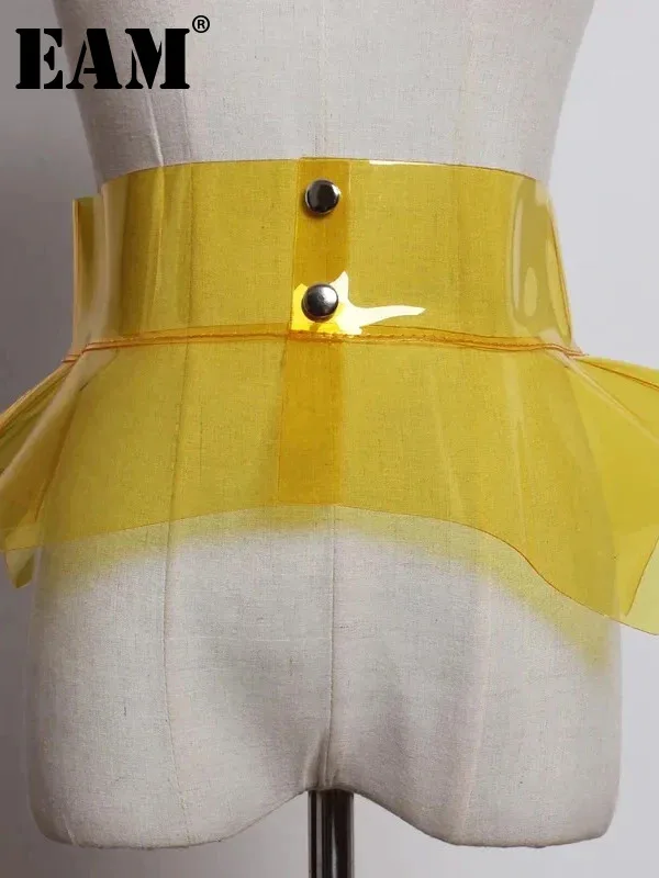 

[EAM] PVC Irregular Hem Shaped Transparent Wide Belt Personality Women New Fashion Tide All-match Spring Autumn 2024 1DF0131