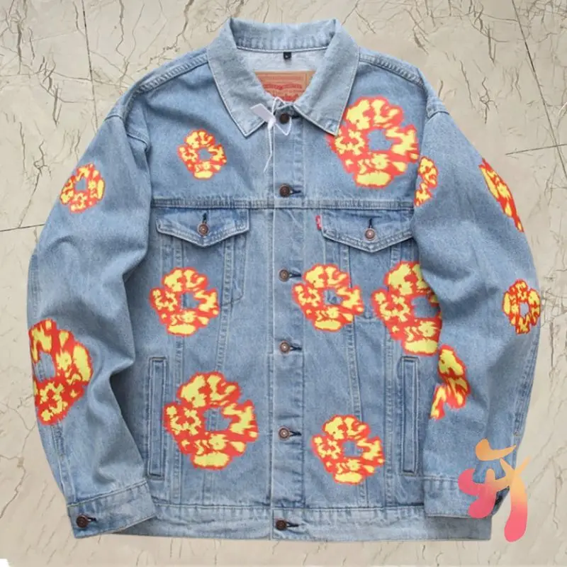 

Men Women High Quality Flame Kapok Full Print Denim Tears Jacket Vintage Wased Pocket Shirts Fashion Street Coats Kanye Jackets