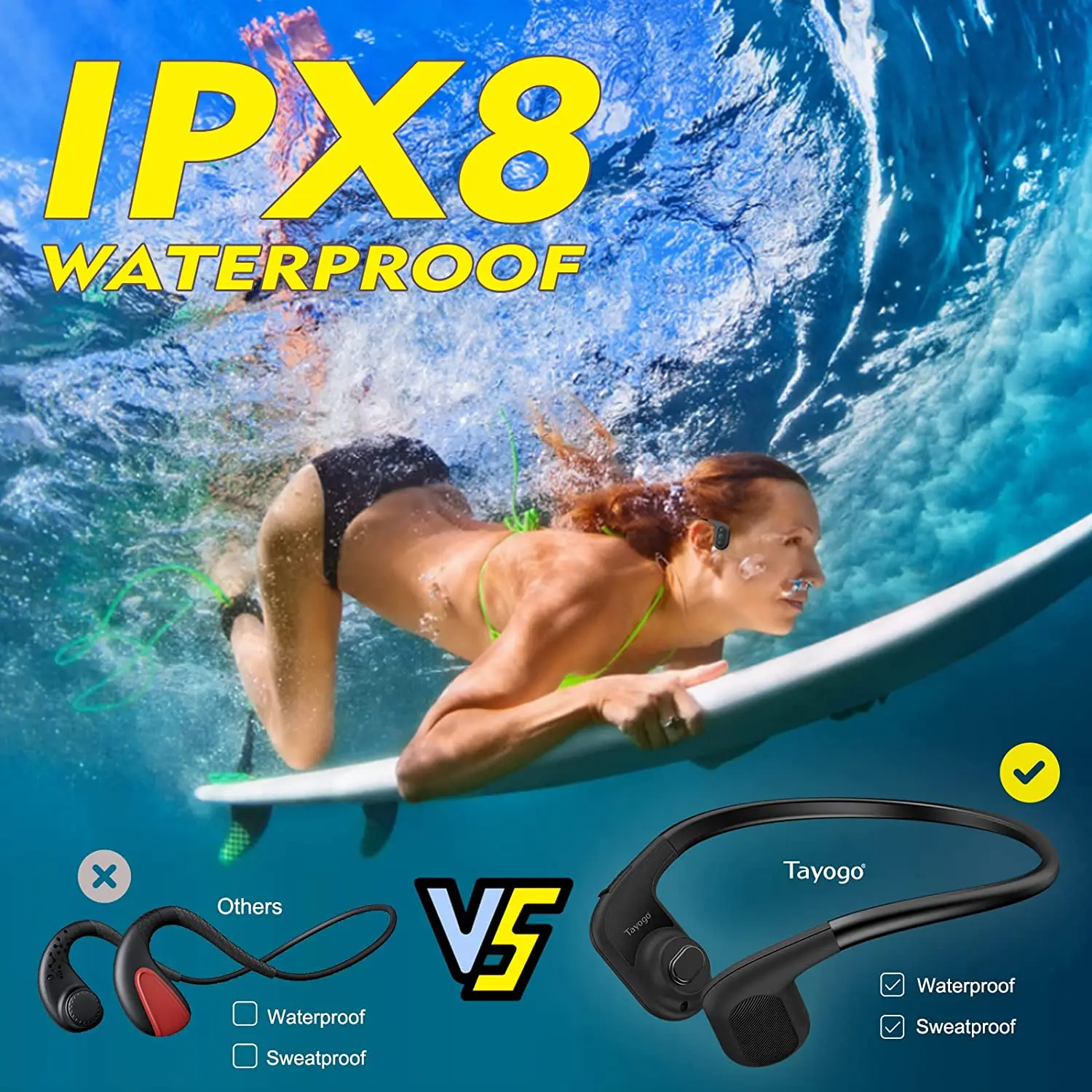 Tayogo Waterproof Bone Conduction Headphone IPX8 Swim MP3 Player with FM Radio Sport Earphone for Diving Runing