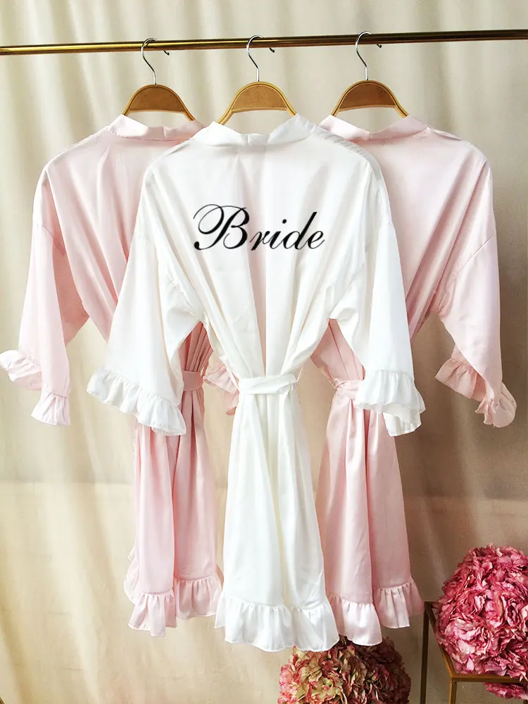 

Blush Ruffle Silk Kimono Custom Robe for the Wedding Bride White Personalized Bridesmaid Robes Bachelorette Party Satin Gown New