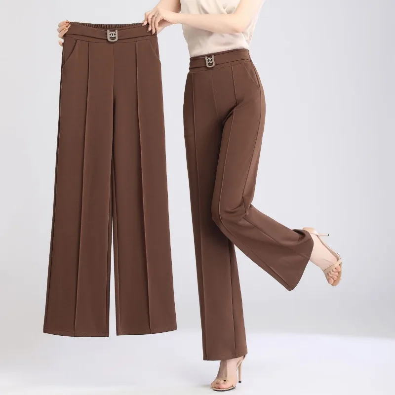 Women's Spring and Autumn New Fashion Elegant Solid Diamonds Pocket Elastic Casual High Waist Loose Wide Leg Straight Leg Pants