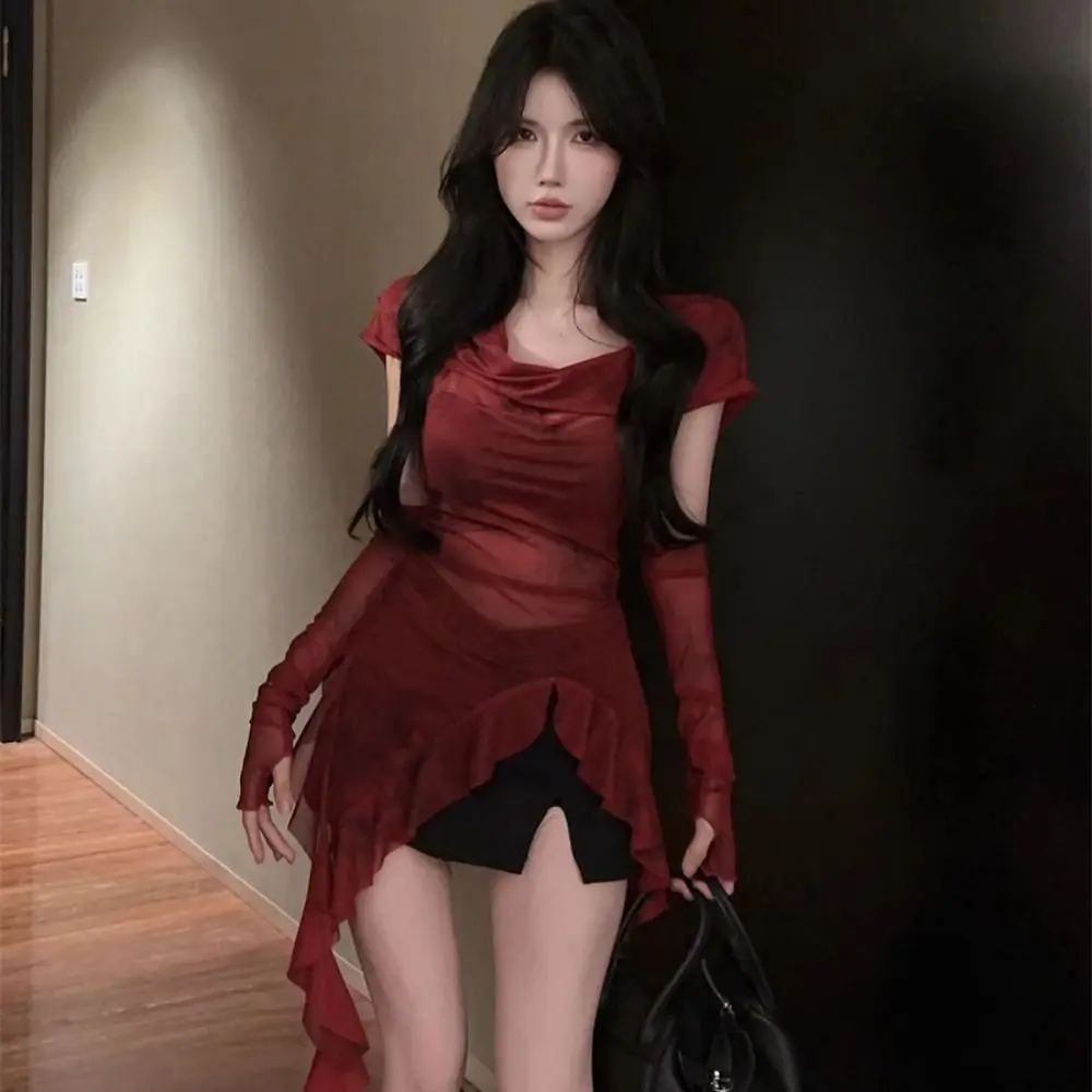 Y2K Tees Ruffle Long Sleeve Shirt Mesh Hooded T-shirt Vintage Gothic Hooded Square Neckline Design with Sleeves Long Sleeve Tops