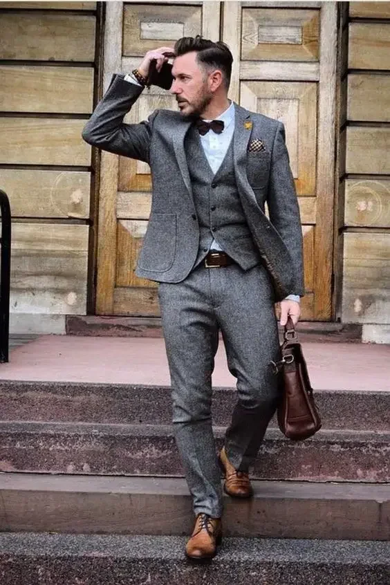 

High Quality Costume Homme Grey Tweed Smart Business Men Suit Formal Wedding Suits for Men Warm Blazer Slim Fit 3 Piece Tuxedo