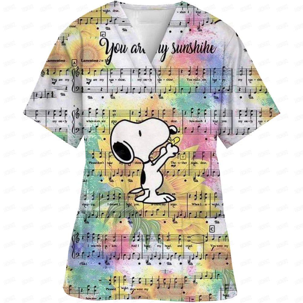 Surgical Wear Work Clothes Cartoon Snoopy print Hand Washing Nurse Uniform Women's V Neck Short Sleeve T-Shirt Tops 3