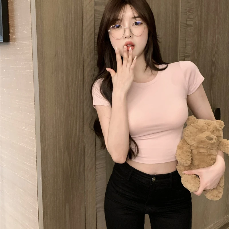 Sexy T-shirt Women Summer Skinny Tee Shirt Femme Solid Short Sleeve Korean Kpop Slim O-neck Tshirt Woman Clothes Top