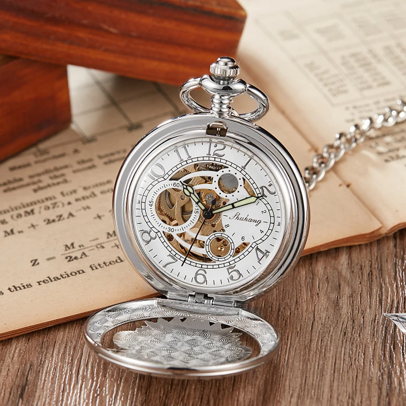 Vintage Chinese Unicorn Kylin Mechanical Pocket Watch Analog Skeleton Men Chain Stainless Steel Hand Wind Watch Necklace