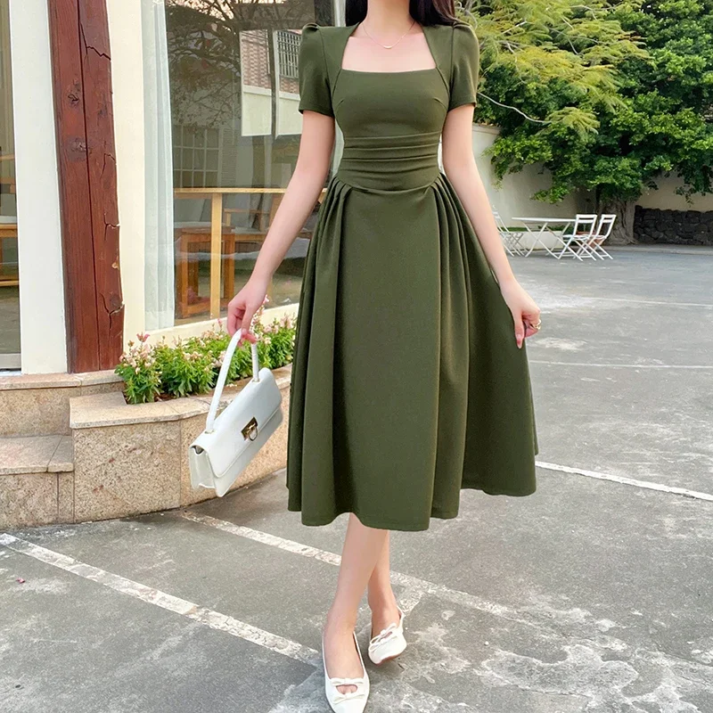 

2024 Summer Women's Long Dresses New Top Pure Color Casual Elegant Extended Vintage Tea Break Short Sleeve Dress
