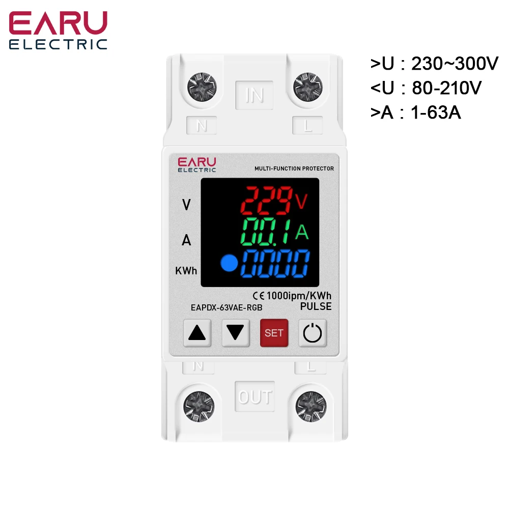 63A 230V 3IN1 Display Din Rail Adjustable Over Voltage Current Under Voltage Protective Device Protector Relay 220V KWH Red Blue