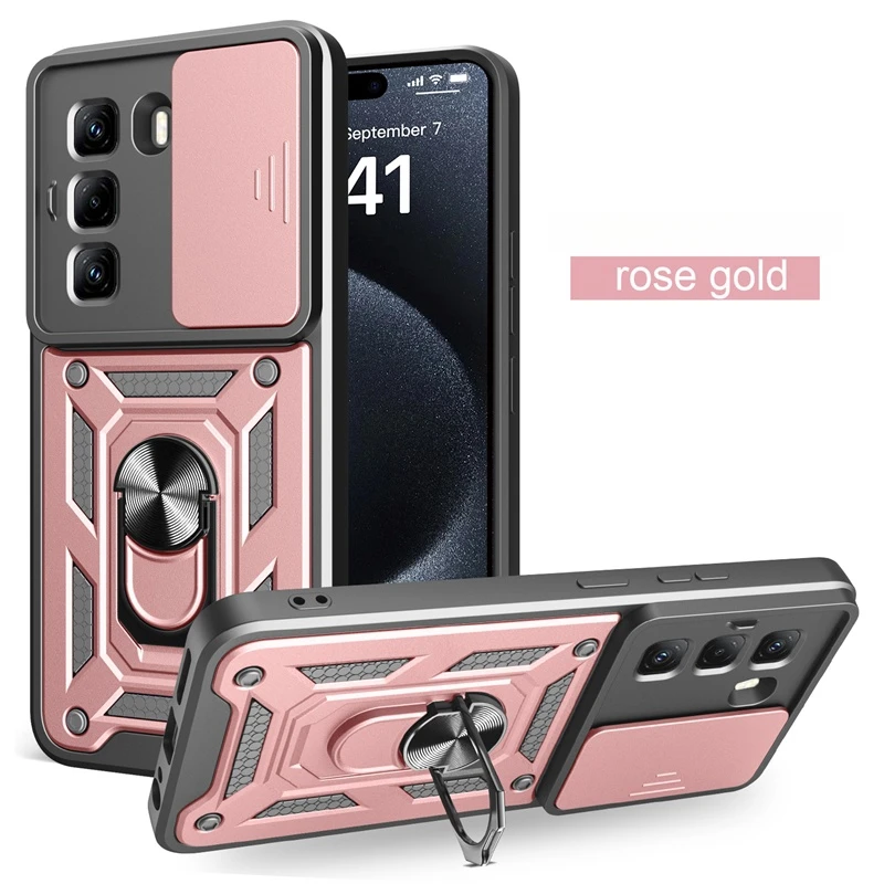 Shockproof Armor Case with Slide Lens Protection and Holder Ring Cover