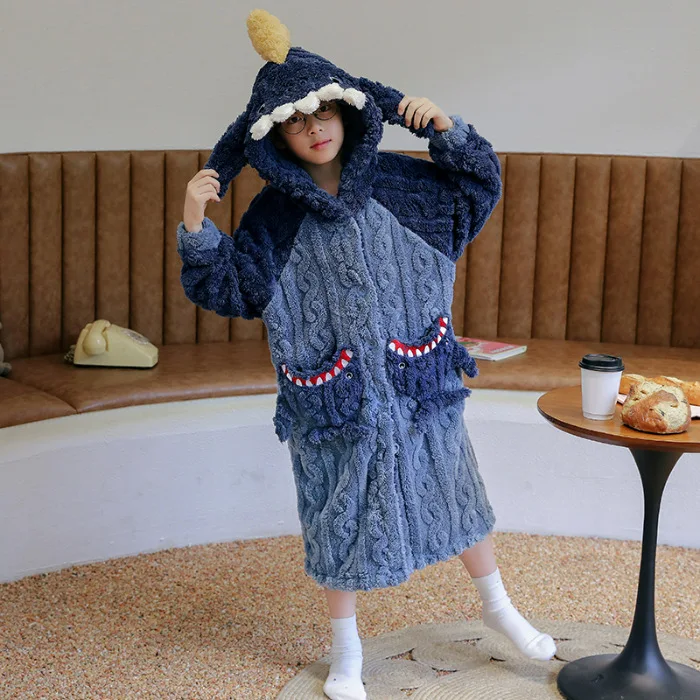 Child Bathrobe Kids Robe Long Sleeve Hooded Cartoon Shark Animal Boy Girls Winter Warm Thicken