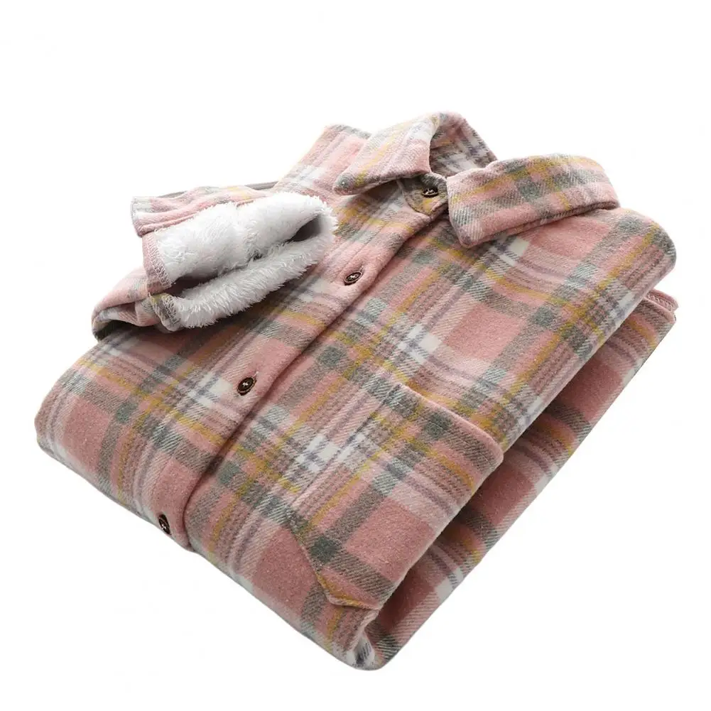 

Windproof Beautiful Women Winter Warm Blouse Woolen Plaid Shirt Jacket Soft Woolen Shirt Patch Pocket Outerwear