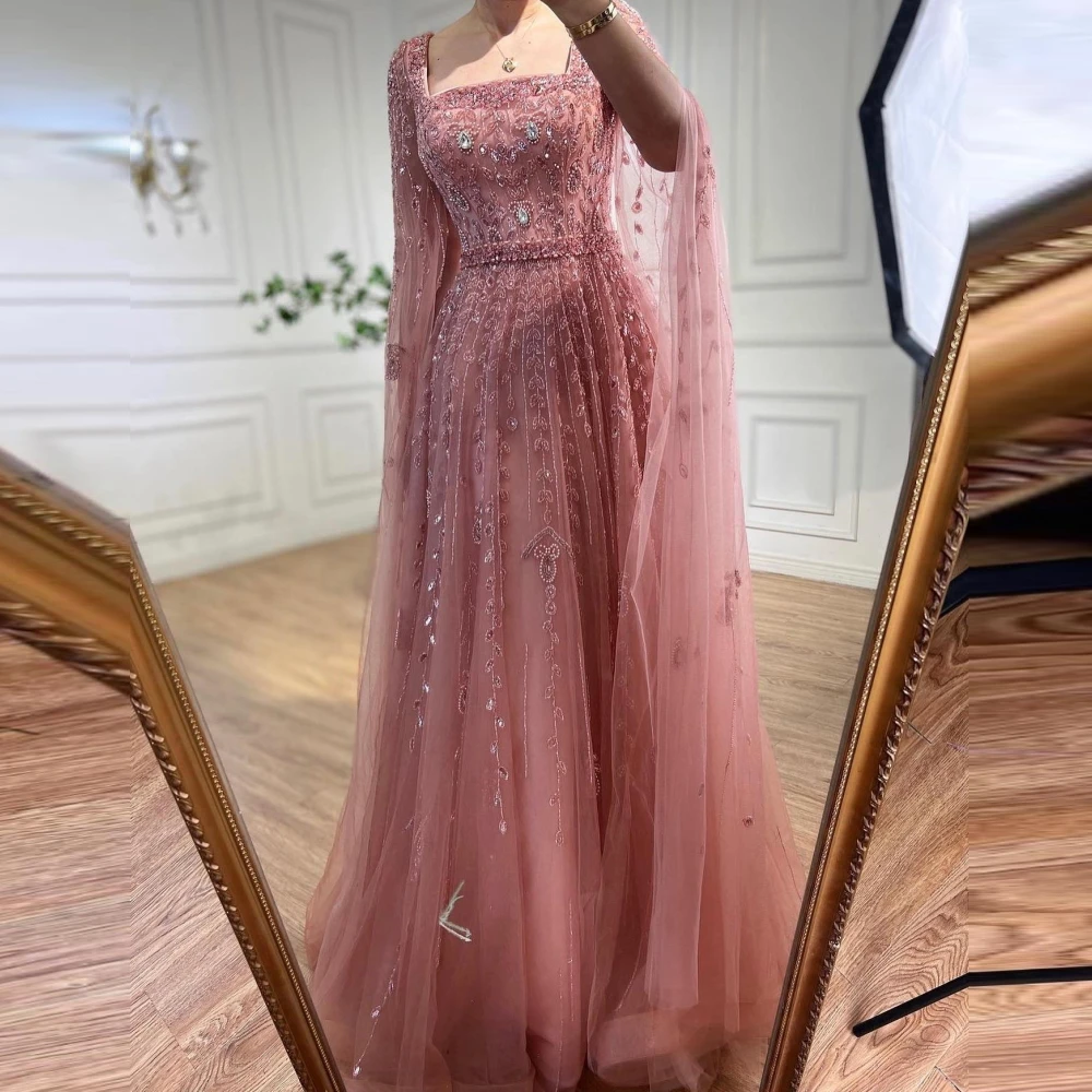 

Qcenkern Square Collar Sequined Evening Formal Appliques Pink Sleeveless A-Line Party Dresses Gowns Women Robes de Soirée 2023